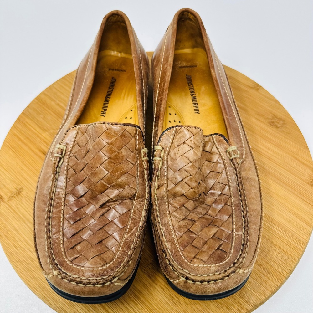 Johnston & Murphy Mens Brown Woven Leather Loafers Sheepskin Lining 10 M 20-8543